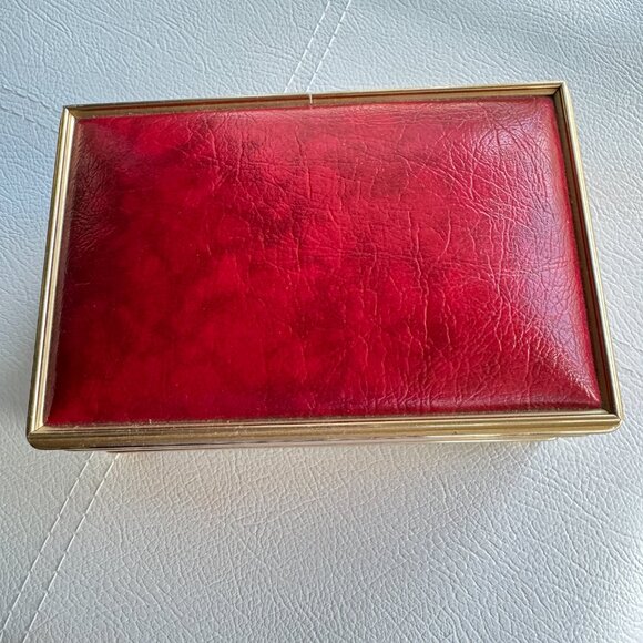 Vintage Red Faux Leather Jewelry Box Gold Tone Metal Trim Red Lining Mirror - Picture 2 of 7